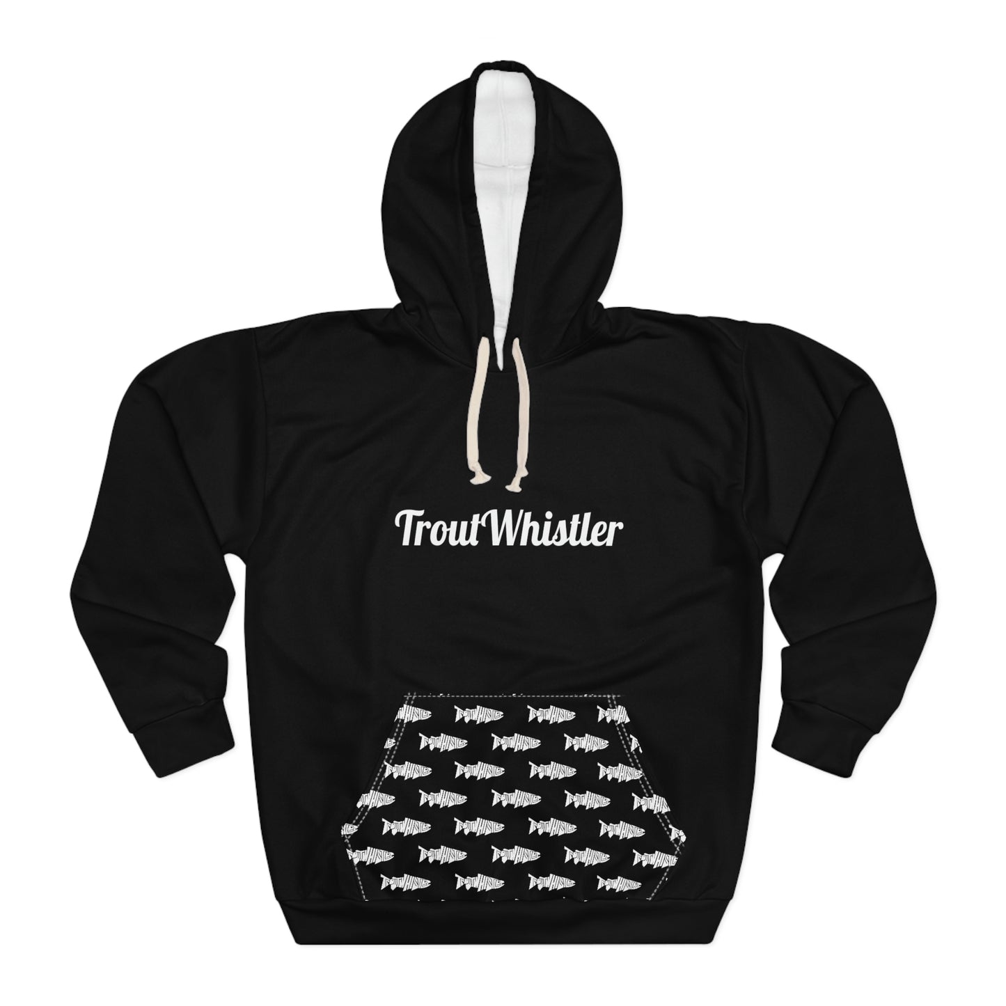 TroutWhistler - AOP Men's Pullover Hoodie | Black w/ White Text & Logos