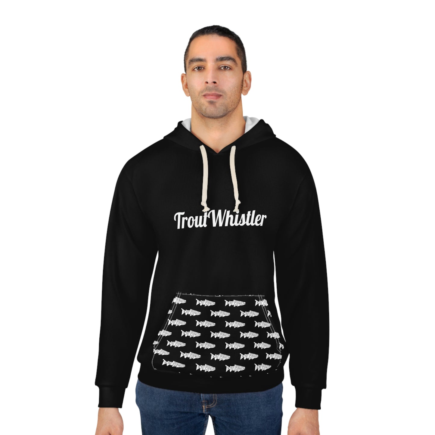 TroutWhistler - AOP Men's Pullover Hoodie | Black w/ White Text & Logos