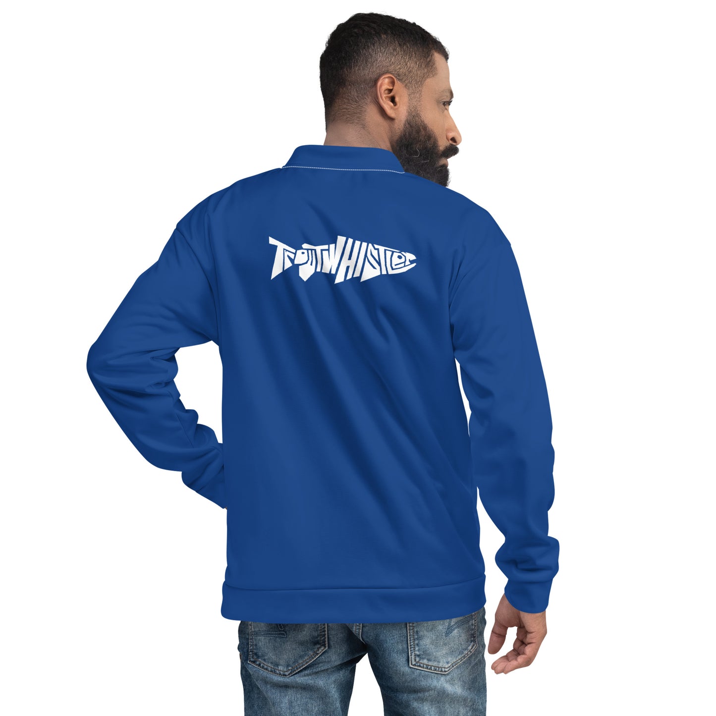 TroutWhistler - Men's Bomber Jacket | Dark Cerulean w/ White TroutWhistler Logo