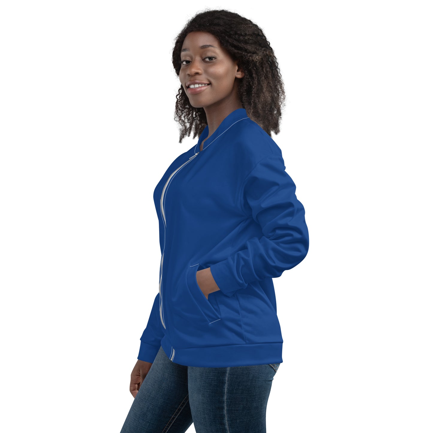 TroutWhistler - Women's Bomber Jacket | Dark Cerulean w/ White TroutWhistler Logo