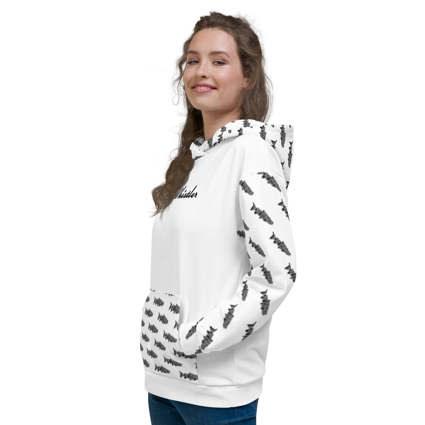 TroutWhistler - Women's Hoodie | All Over White w/ Black Logo