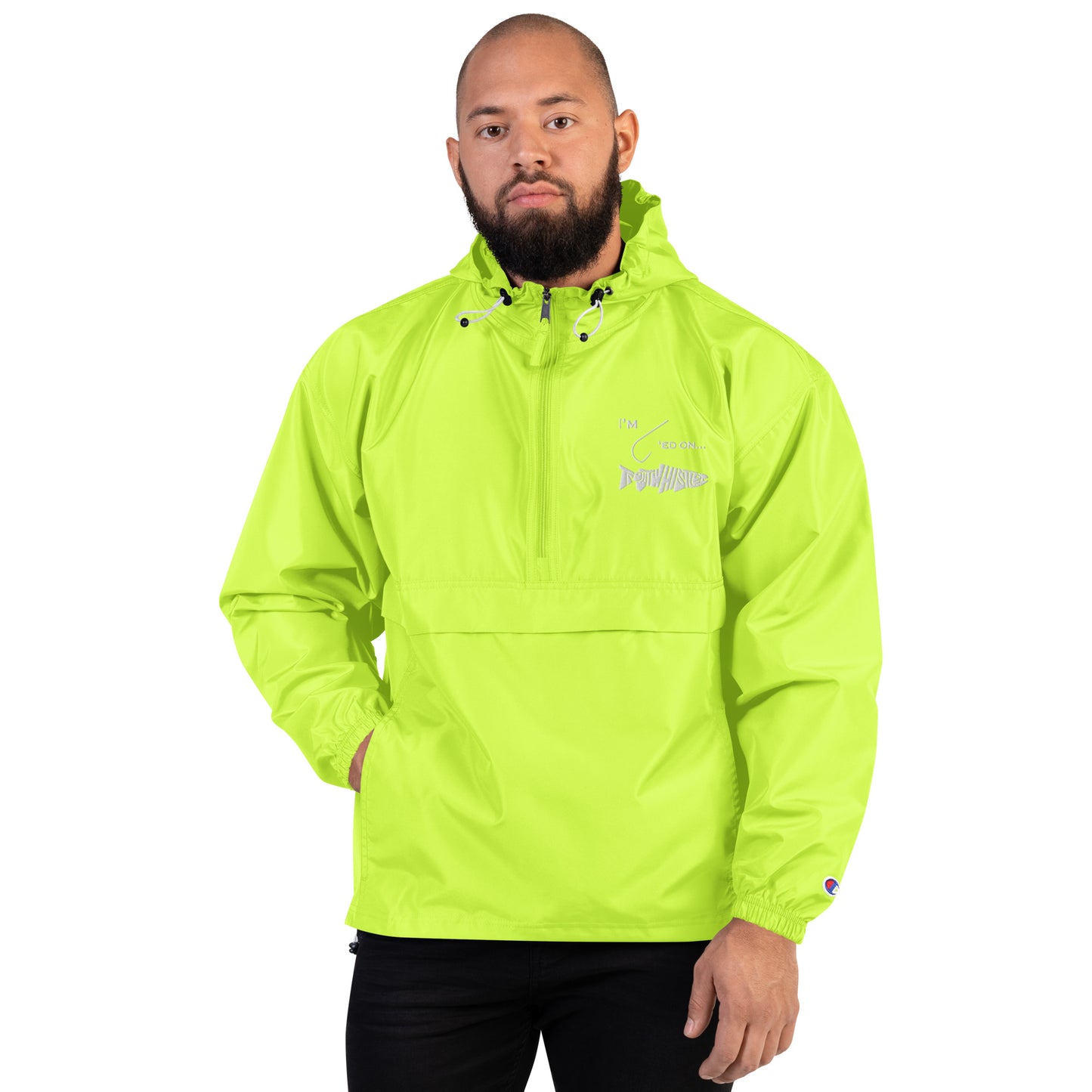 TroutWhistler - Embroidered Champion Packable Jacket | Color w/ White I'm Hooked on TroutWhistler Logo