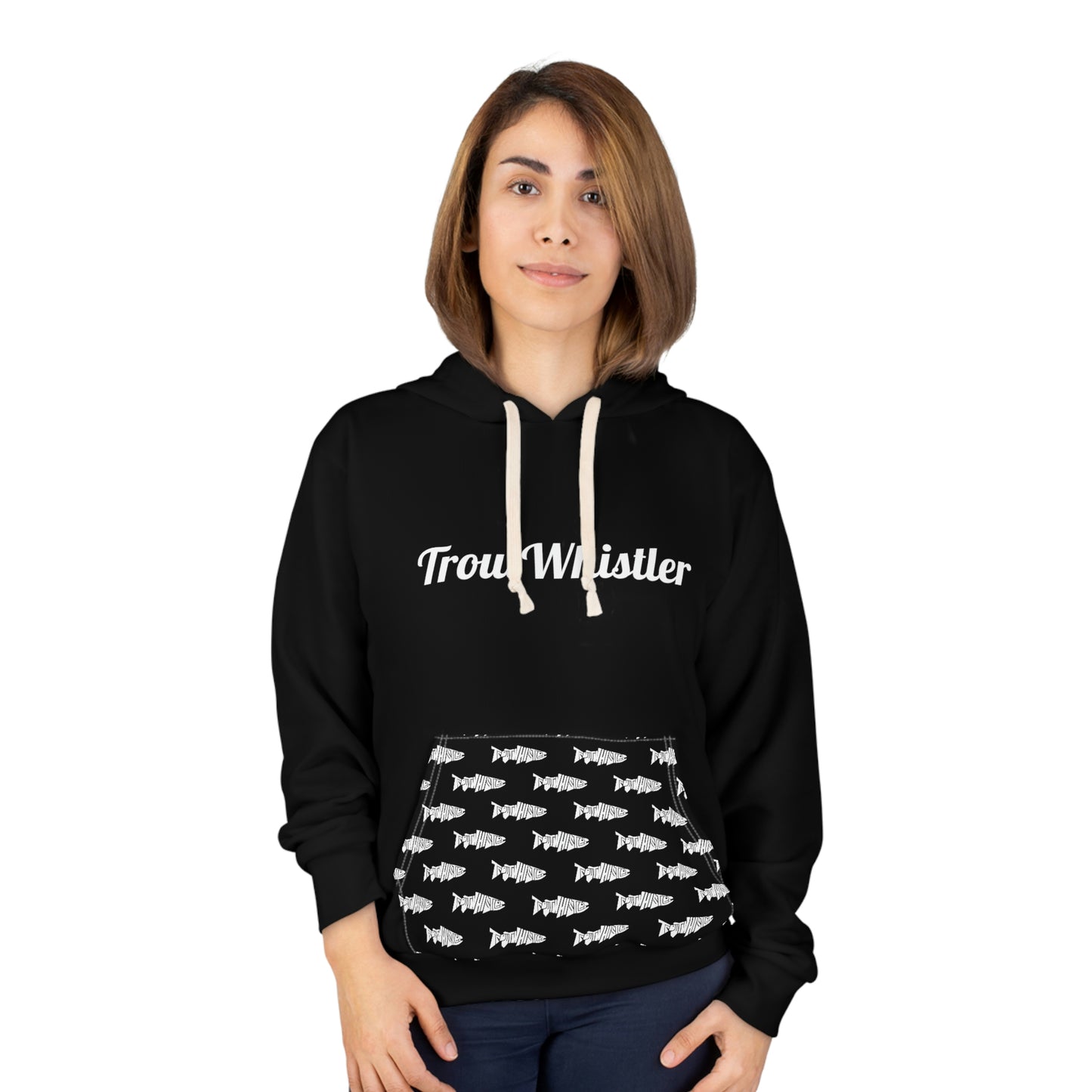 TroutWhistler - AOP Men's Pullover Hoodie | Black w/ White Text & Logos