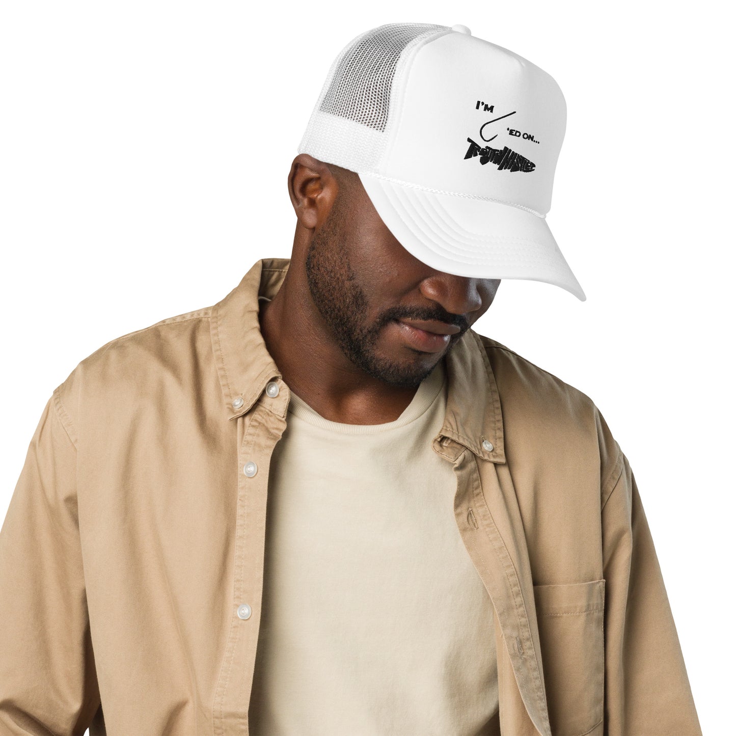 TroutWhistler - Foam Trucker Hat | Light w/ Black I'm Hooked On TroutWhistler Logo