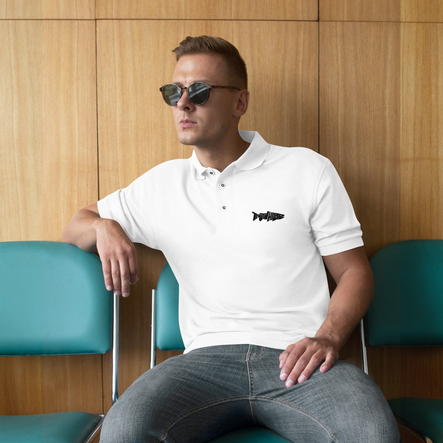 TroutWhistler - Men's Premium Polo | White w/ Black Logo