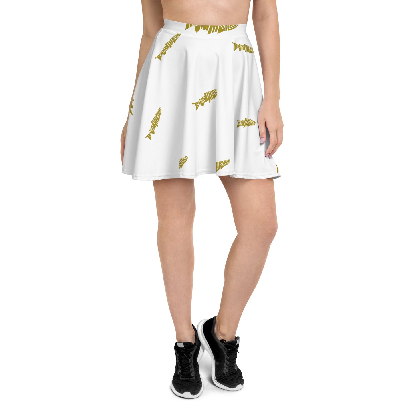 TroutWhistler - Women's Skater Skirt | White W/ Gold Logos