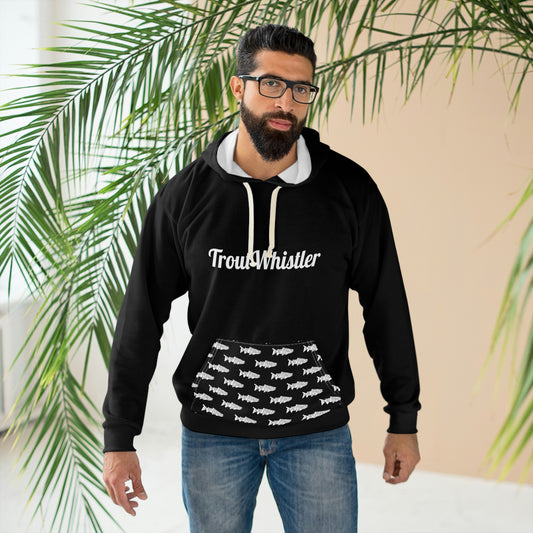 TroutWhistler - AOP Men's Pullover Hoodie | Black w/ White Text & Logos