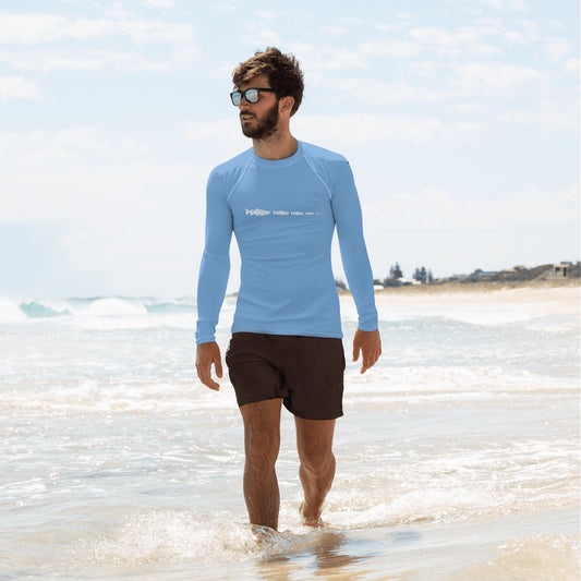 TroutWhistler - Men's Rash Guard Long Sleeve Fitted Crew - 82% Polyester / 18% Spandex | Jordy Blue w / White Multi-Logo