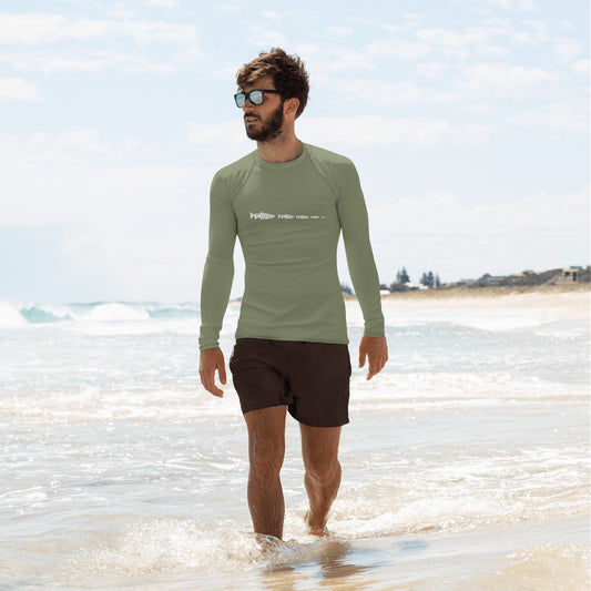 TroutWhistler - Men's Rash Guard Long Sleeve Fitted Crew - 82% Polyester / 18% Spandex | Army Green w / White Multi-Logo