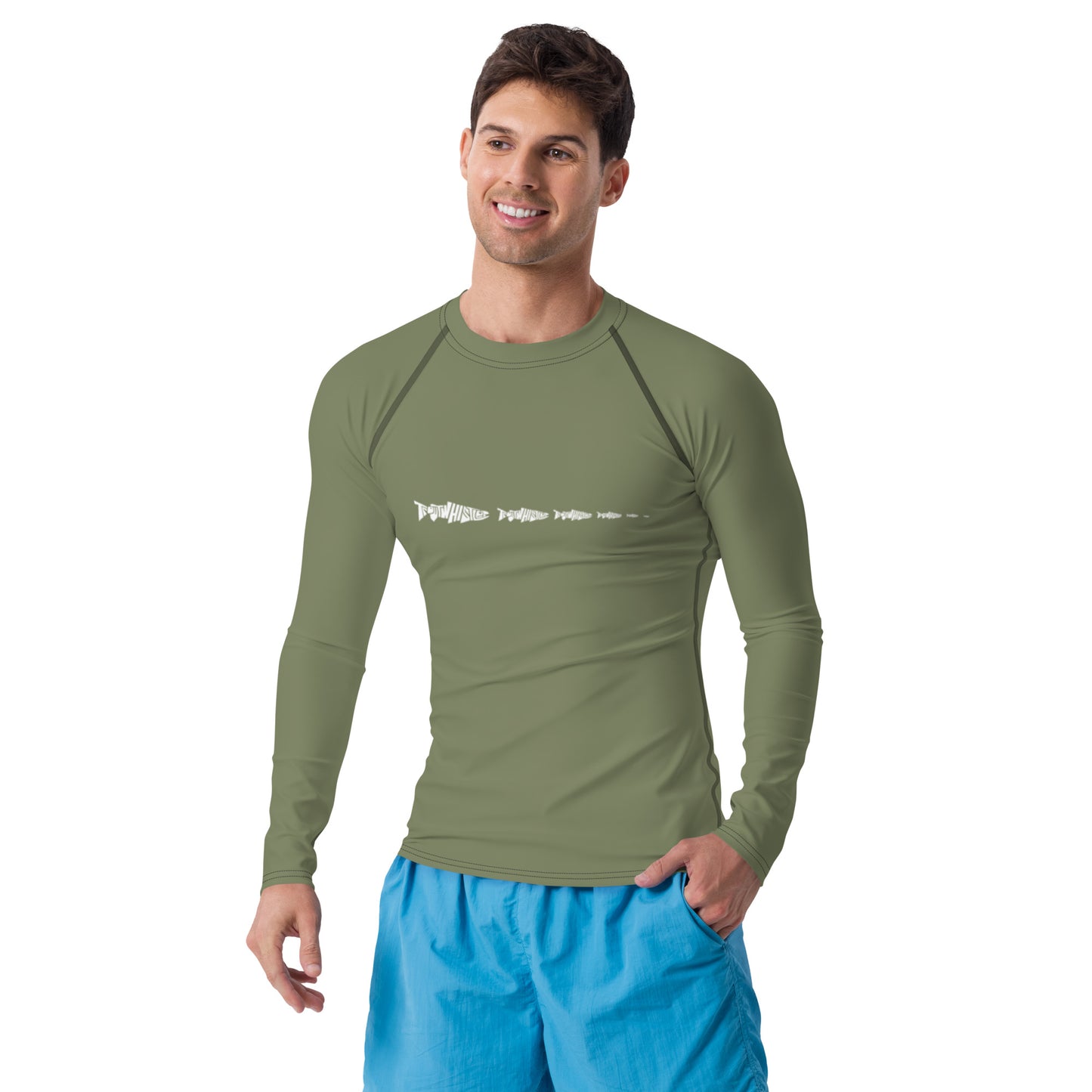 TroutWhistler - Men's Rash Guard Long Sleeve Fitted Crew - 82% Polyester / 18% Spandex | Army Green w / White Multi-Logo