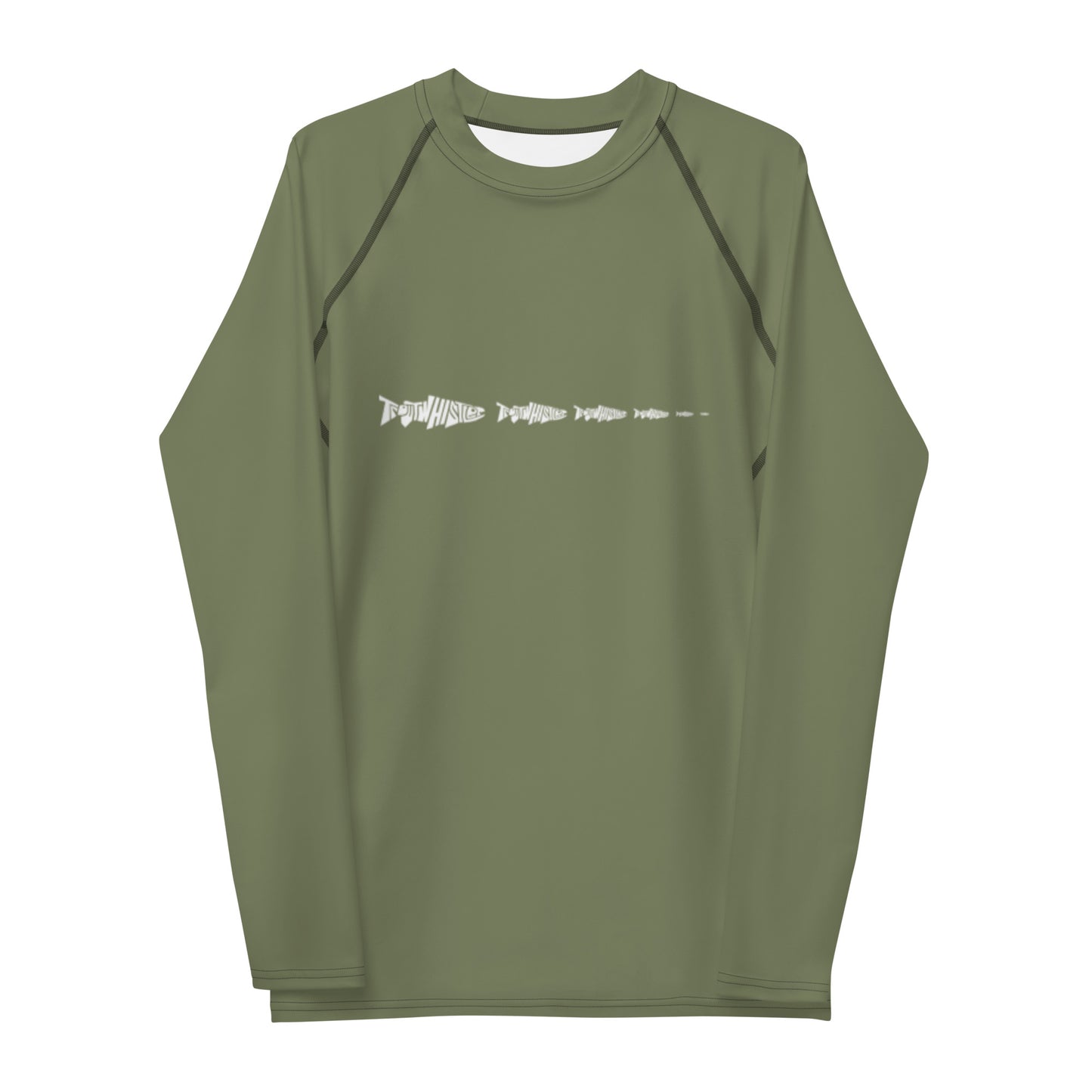 TroutWhistler - Men's Rash Guard Long Sleeve Fitted Crew - 82% Polyester / 18% Spandex | Army Green w / White Multi-Logo