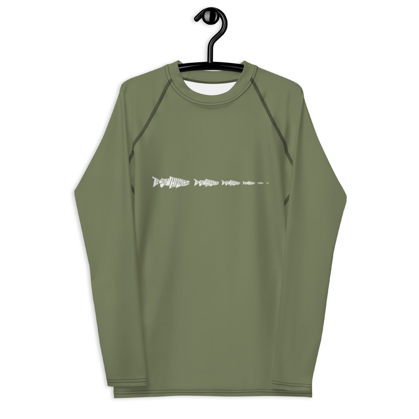 TroutWhistler - Men's Rash Guard Long Sleeve Fitted Crew - 82% Polyester / 18% Spandex | Army Green w / White Multi-Logo