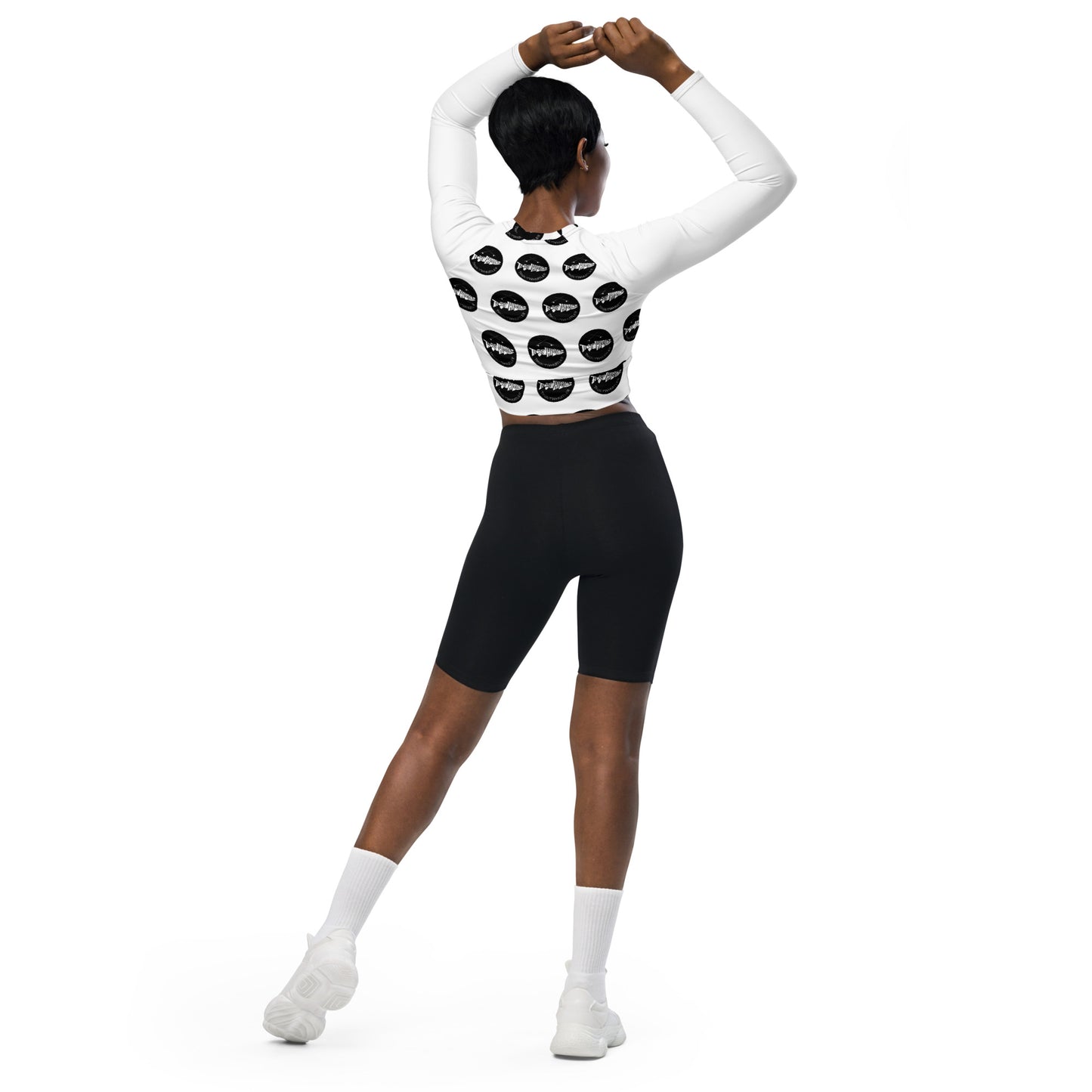 TroutWhistler - Recycled Long-Sleeve Crop Top | White with Black Logos