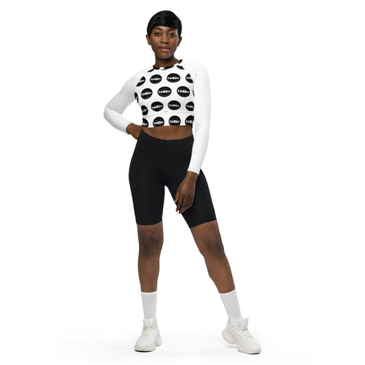 TroutWhistler - Recycled Long-Sleeve Crop Top | White with Black Logos