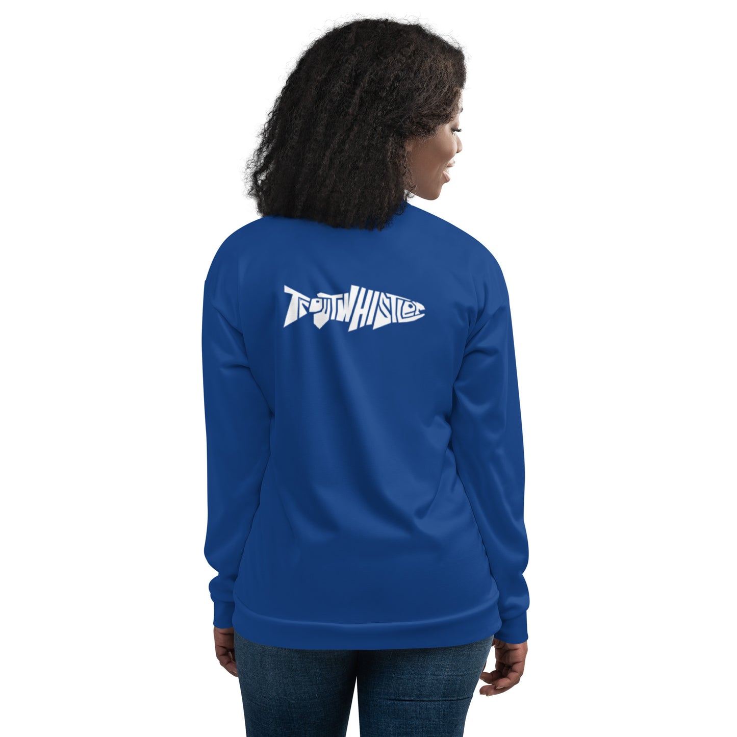 TroutWhistler - Women's Bomber Jacket | Dark Cerulean w/ White TroutWhistler Logo