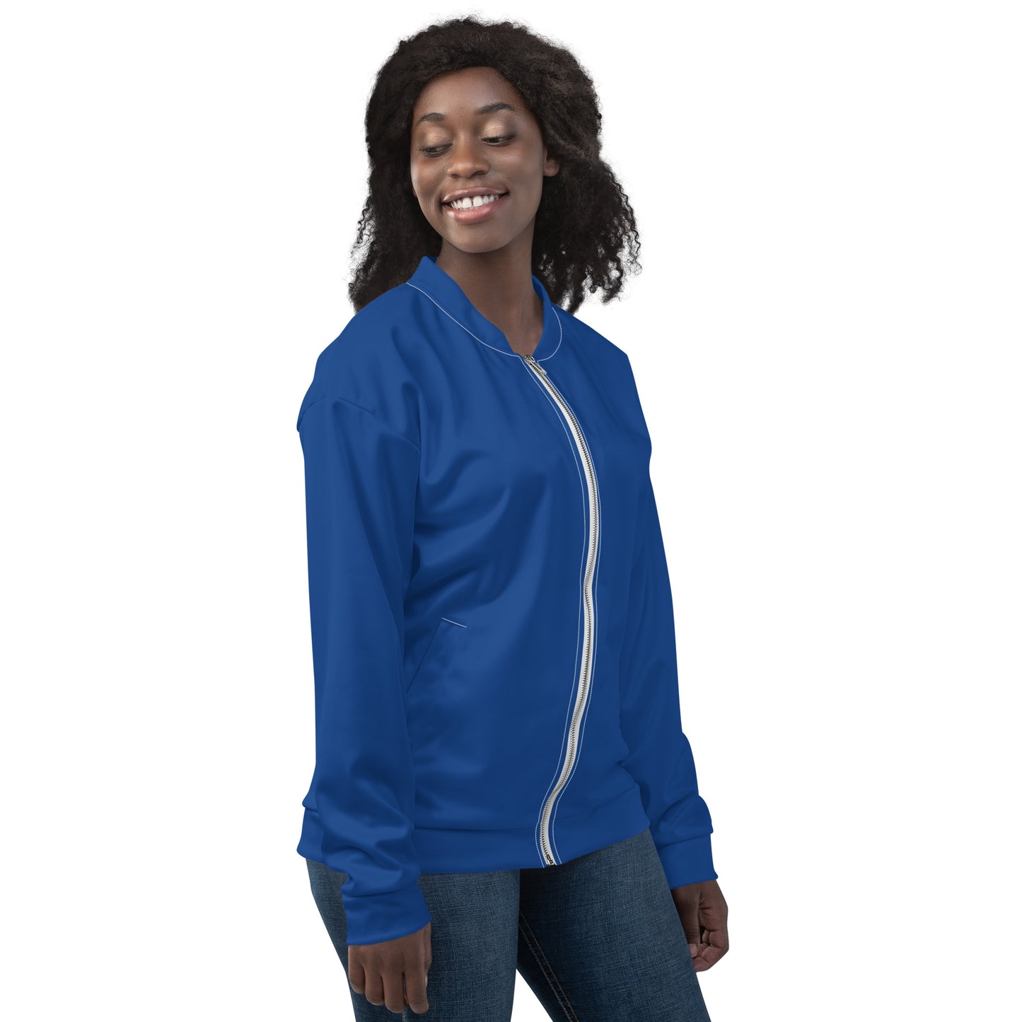TroutWhistler - Women's Bomber Jacket | Dark Cerulean w/ White TroutWhistler Logo