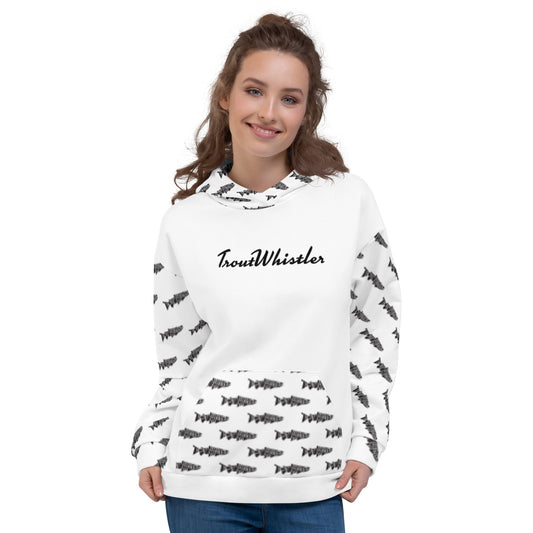 TroutWhistler - Women's Hoodie | All Over White w/ Black Logo
