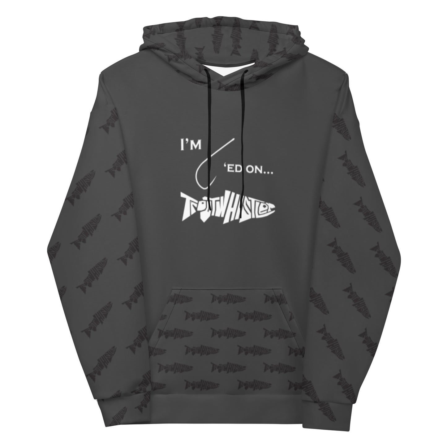 TroutWhistler - Men's Hoodie | I'm Hooked On TroutWhistler - Dark Grey w/ Black Logos