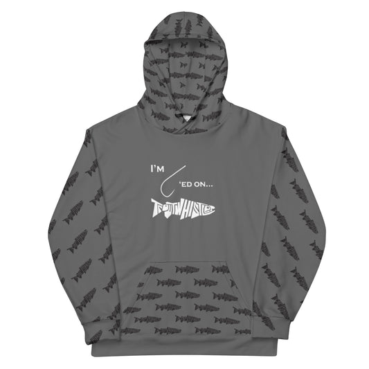 TroutWhistler - Men's Hoodie | I'm Hooked On TroutWhistler - Grey w/ Black & White Logos