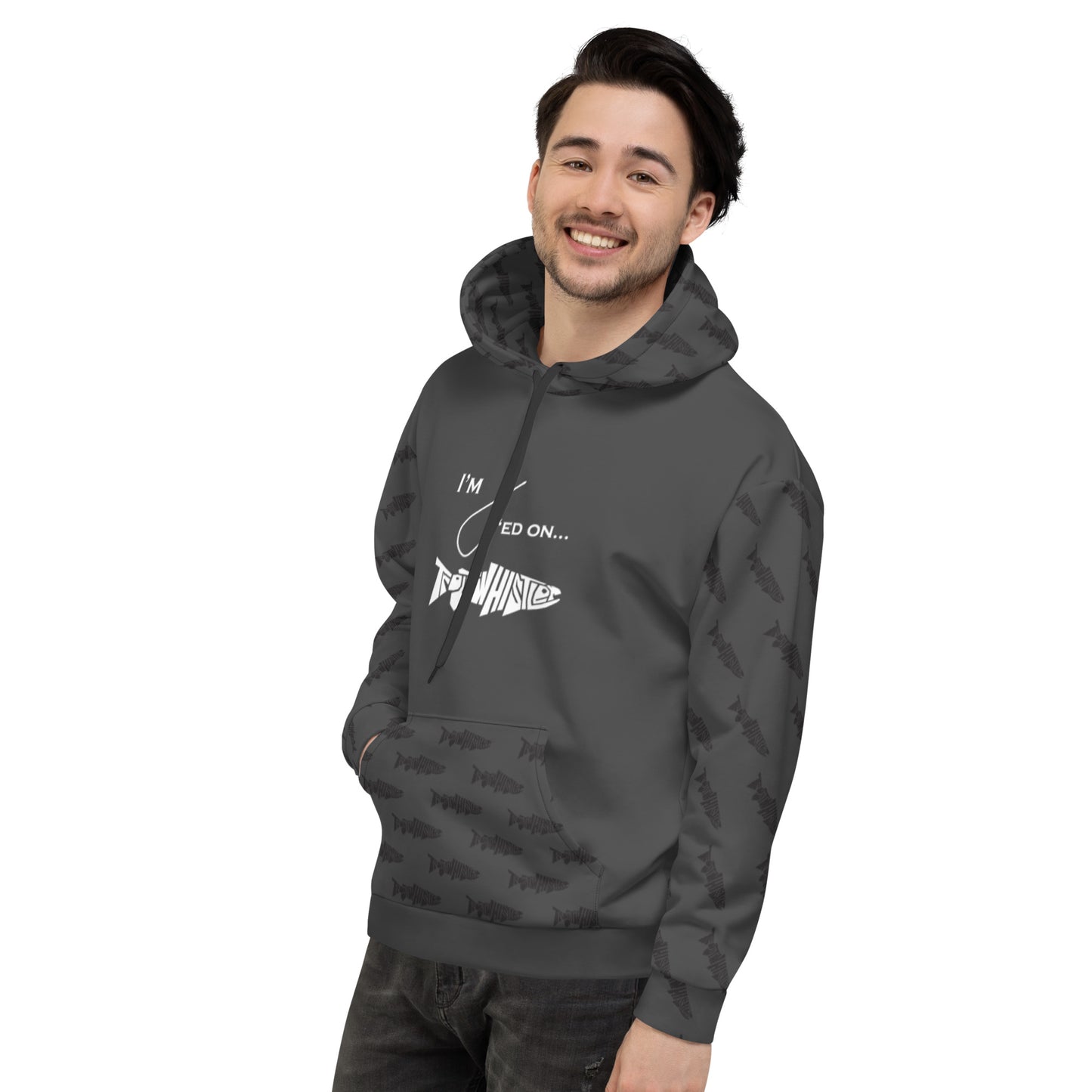 TroutWhistler - Men's Hoodie | I'm Hooked On TroutWhistler - Dark Grey w/ Black Logos
