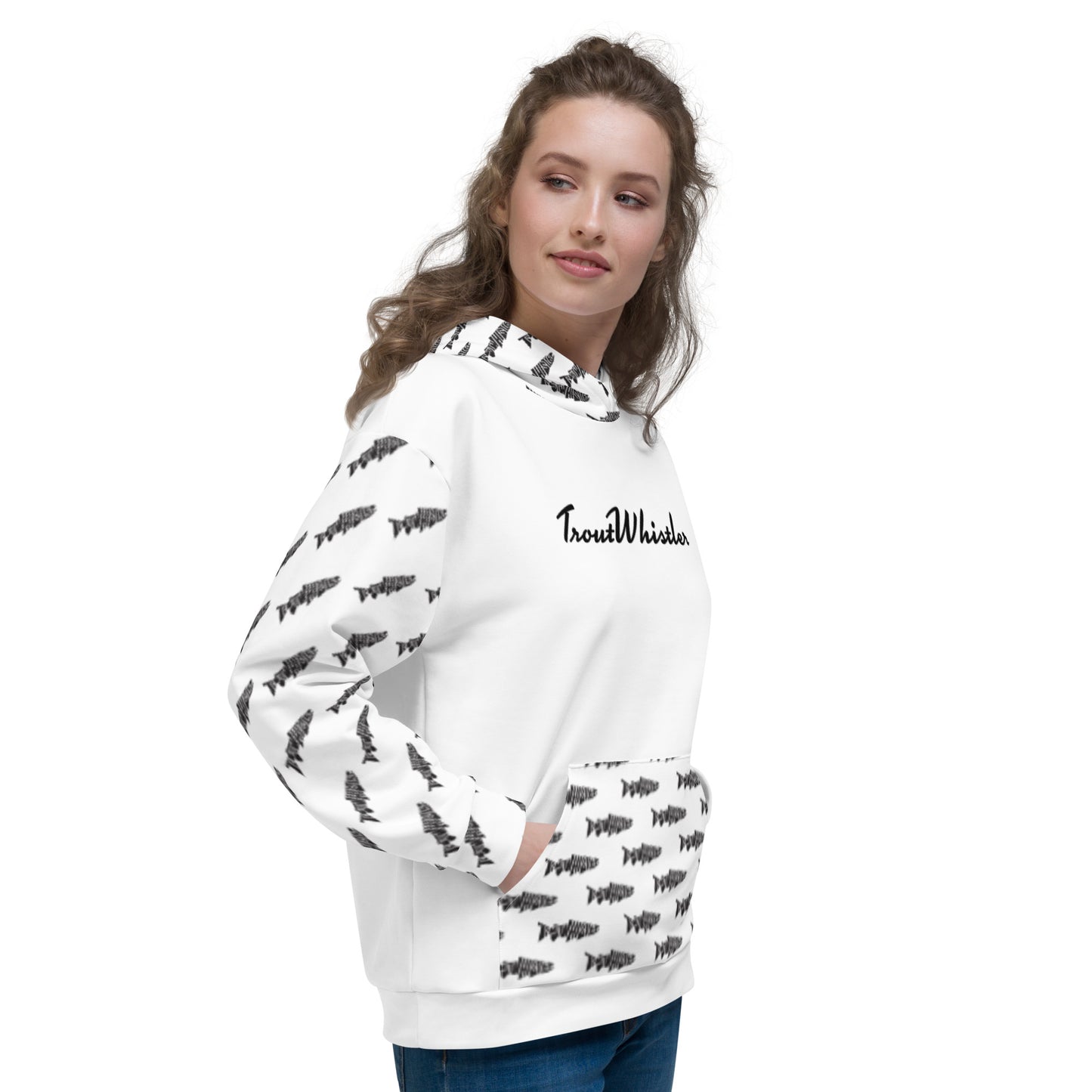 TroutWhistler - Women's Hoodie | All Over White w/ Black Logo