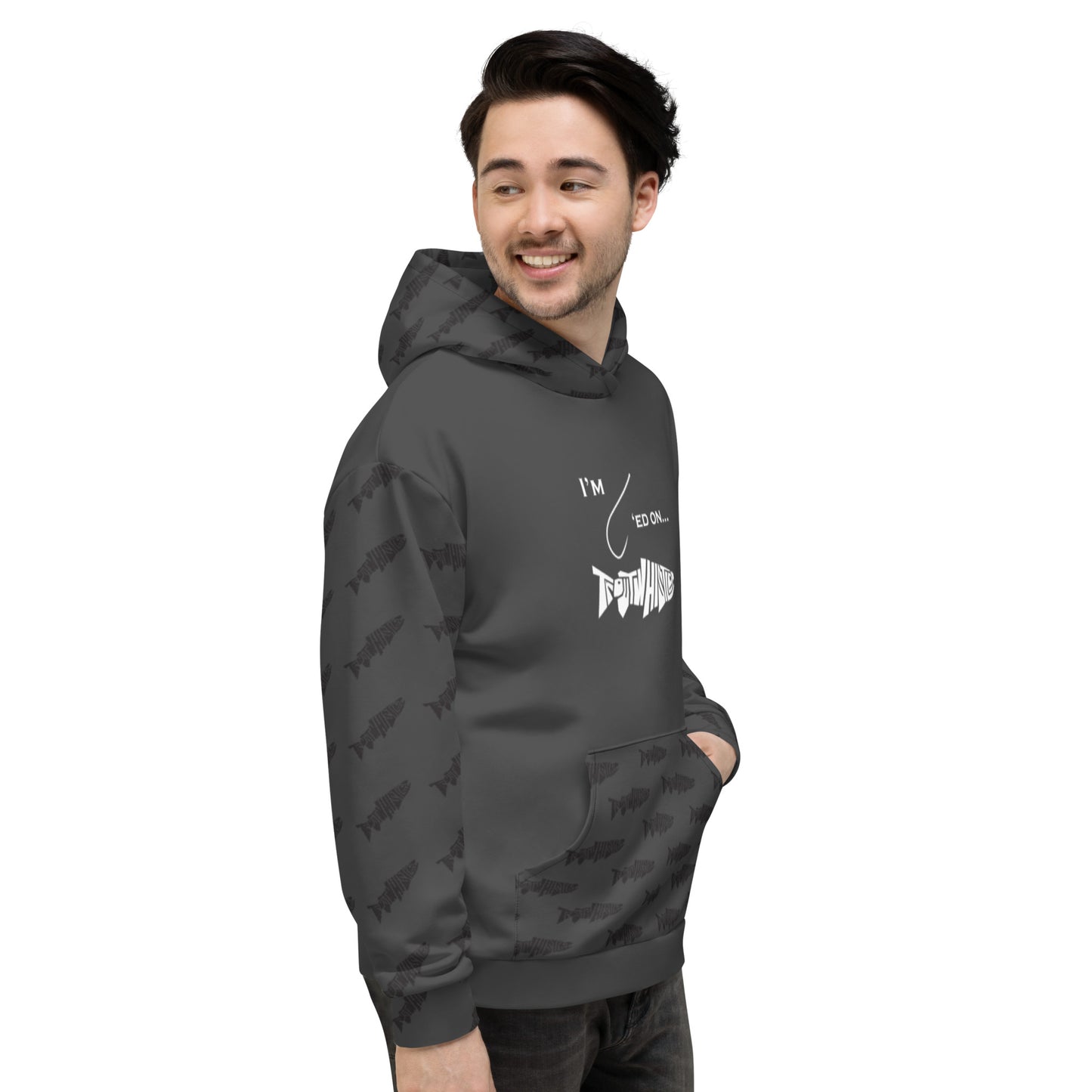 TroutWhistler - Men's Hoodie | I'm Hooked On TroutWhistler - Dark Grey w/ Black Logos