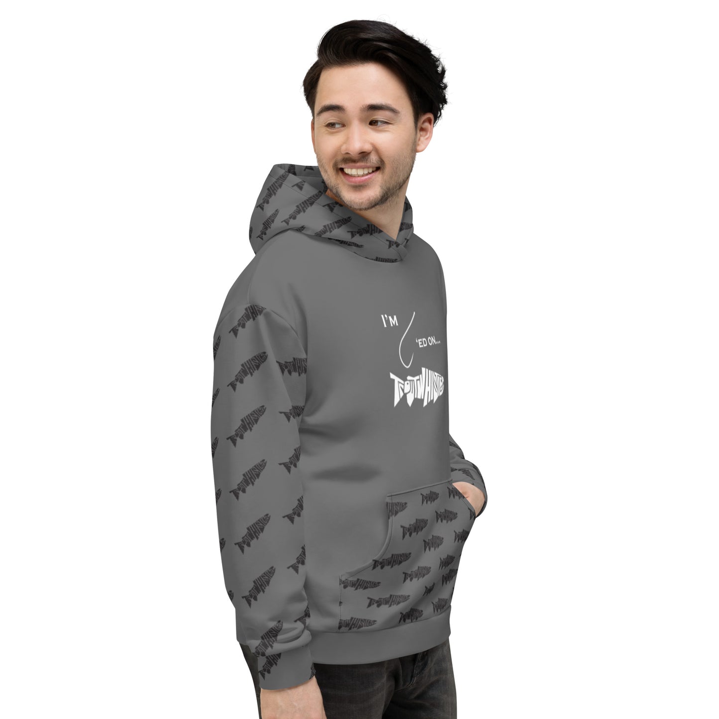 TroutWhistler - Men's Hoodie | I'm Hooked On TroutWhistler - Grey w/ Black & White Logos