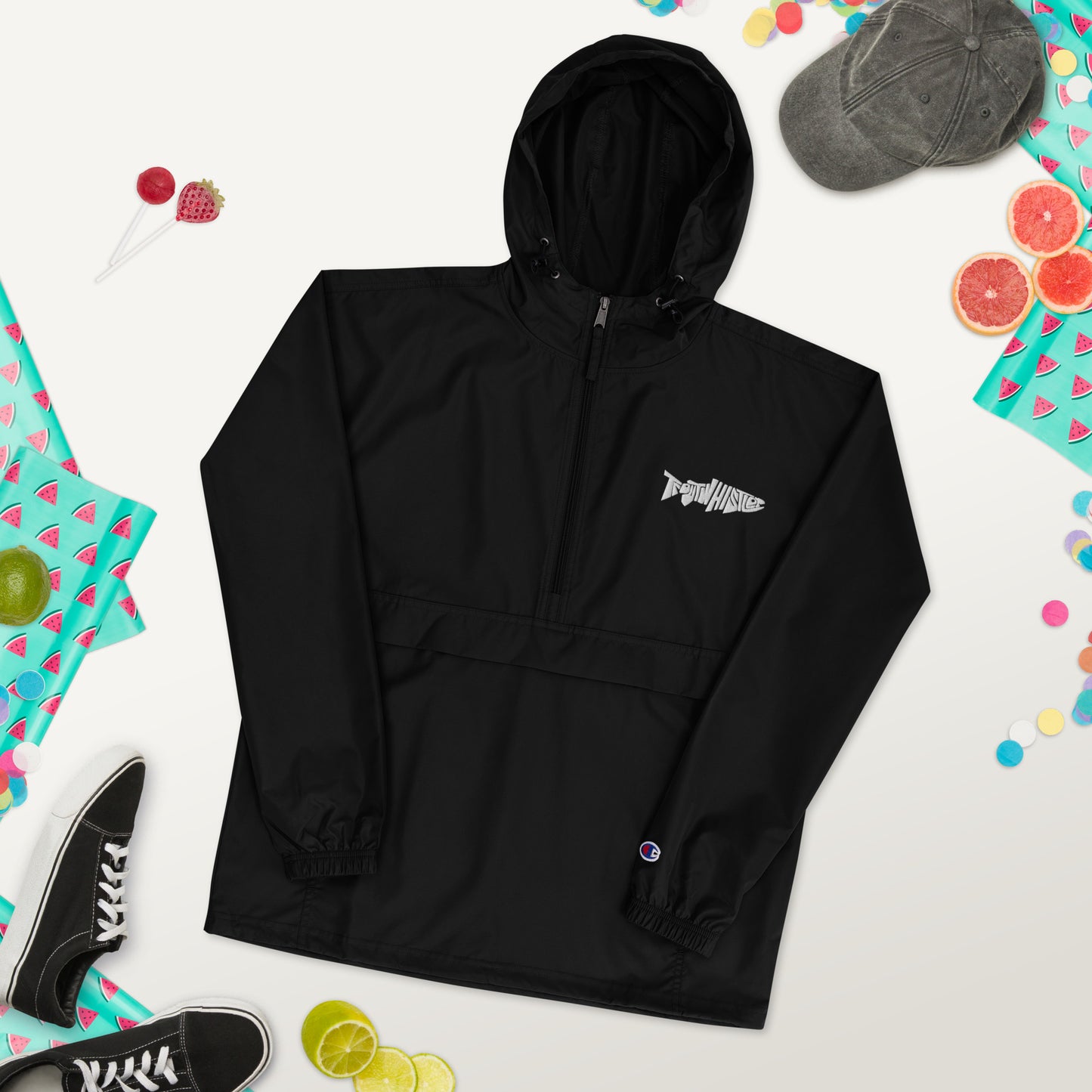 TroutWhistler - Embroidered Champion Packable Jacket | Dark w/ White Logo