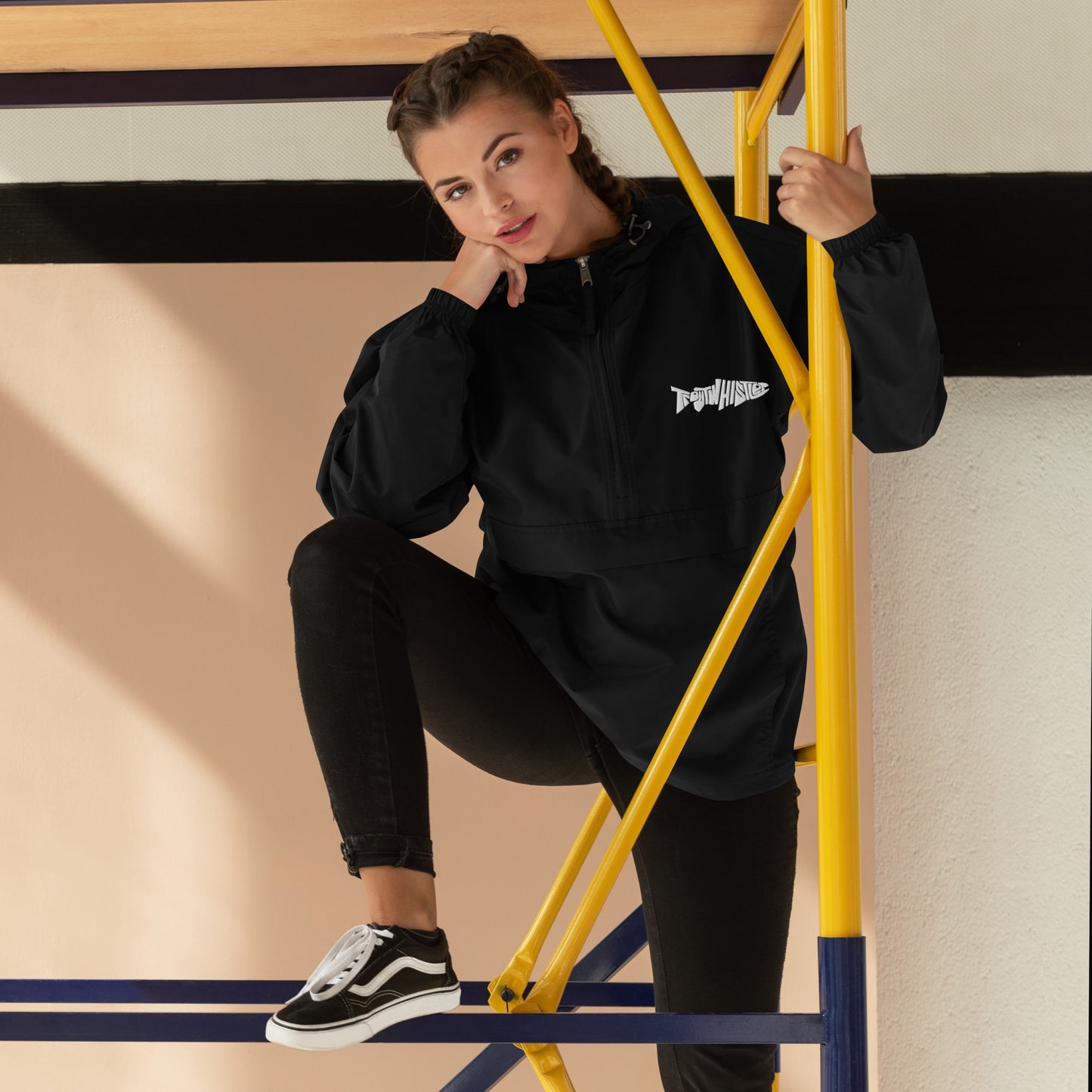 TroutWhistler - Embroidered Champion Packable Jacket | Dark w/ White Logo