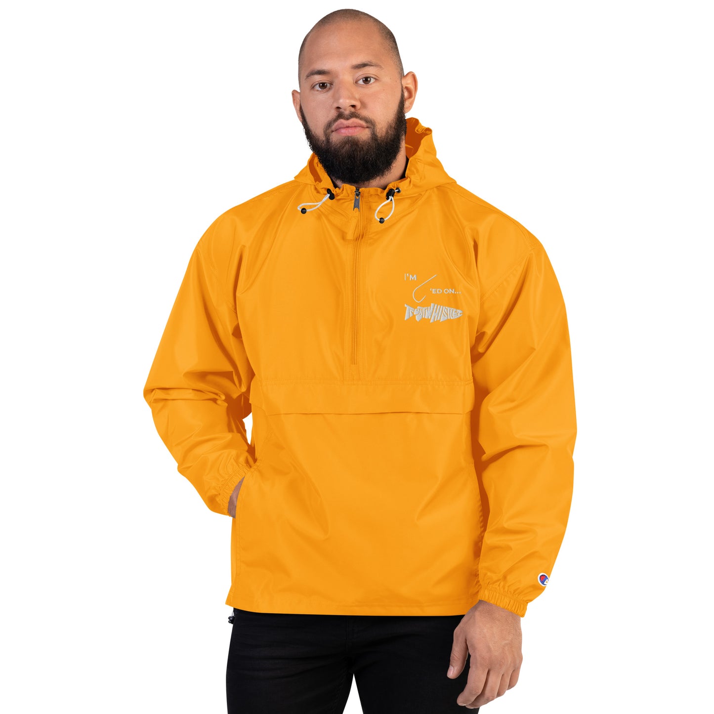 TroutWhistler - Embroidered Champion Packable Jacket | Color w/ White I'm Hooked on TroutWhistler Logo