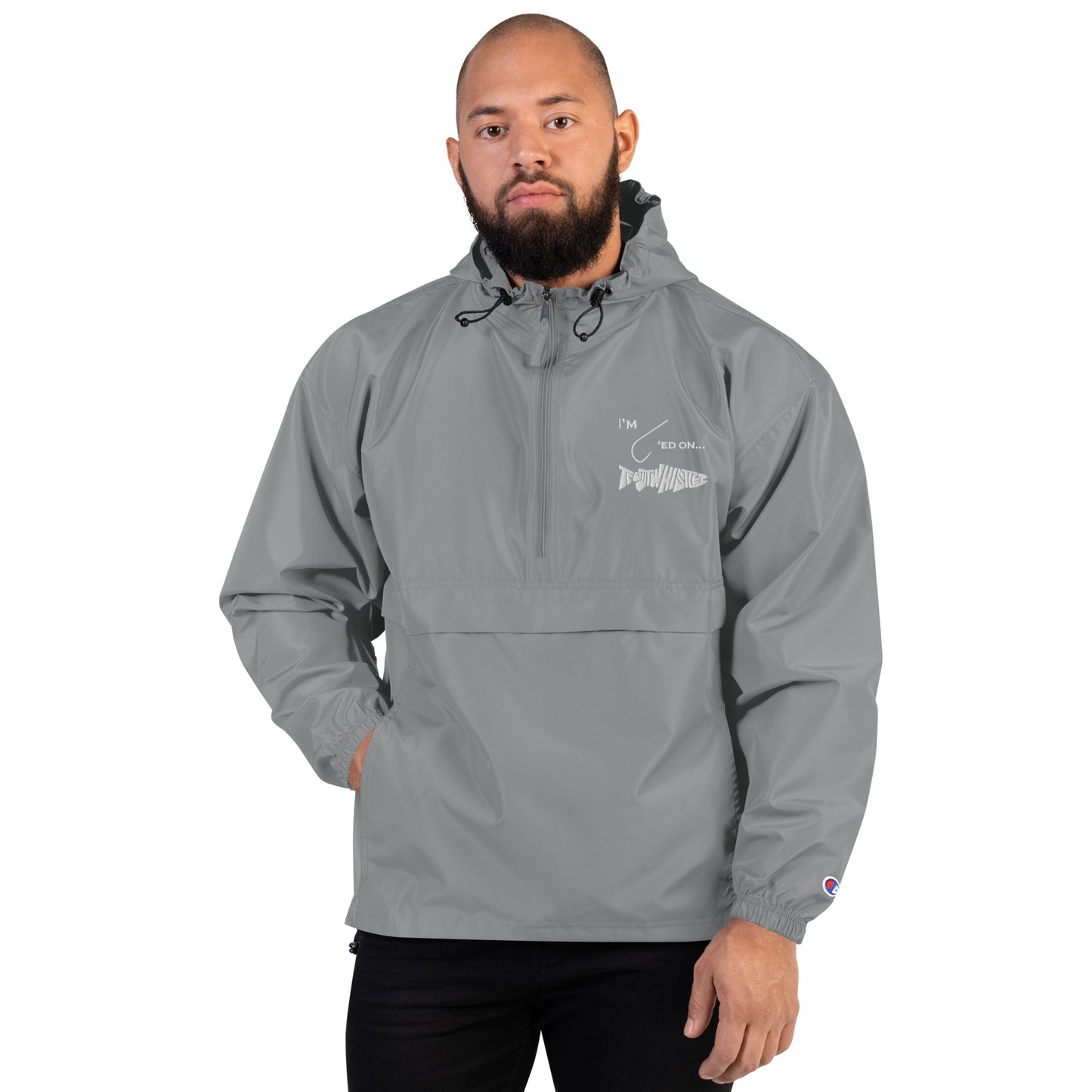TroutWhistler - Embroidered Champion Packable Jacket | Color w/ White I'm Hooked on TroutWhistler Logo