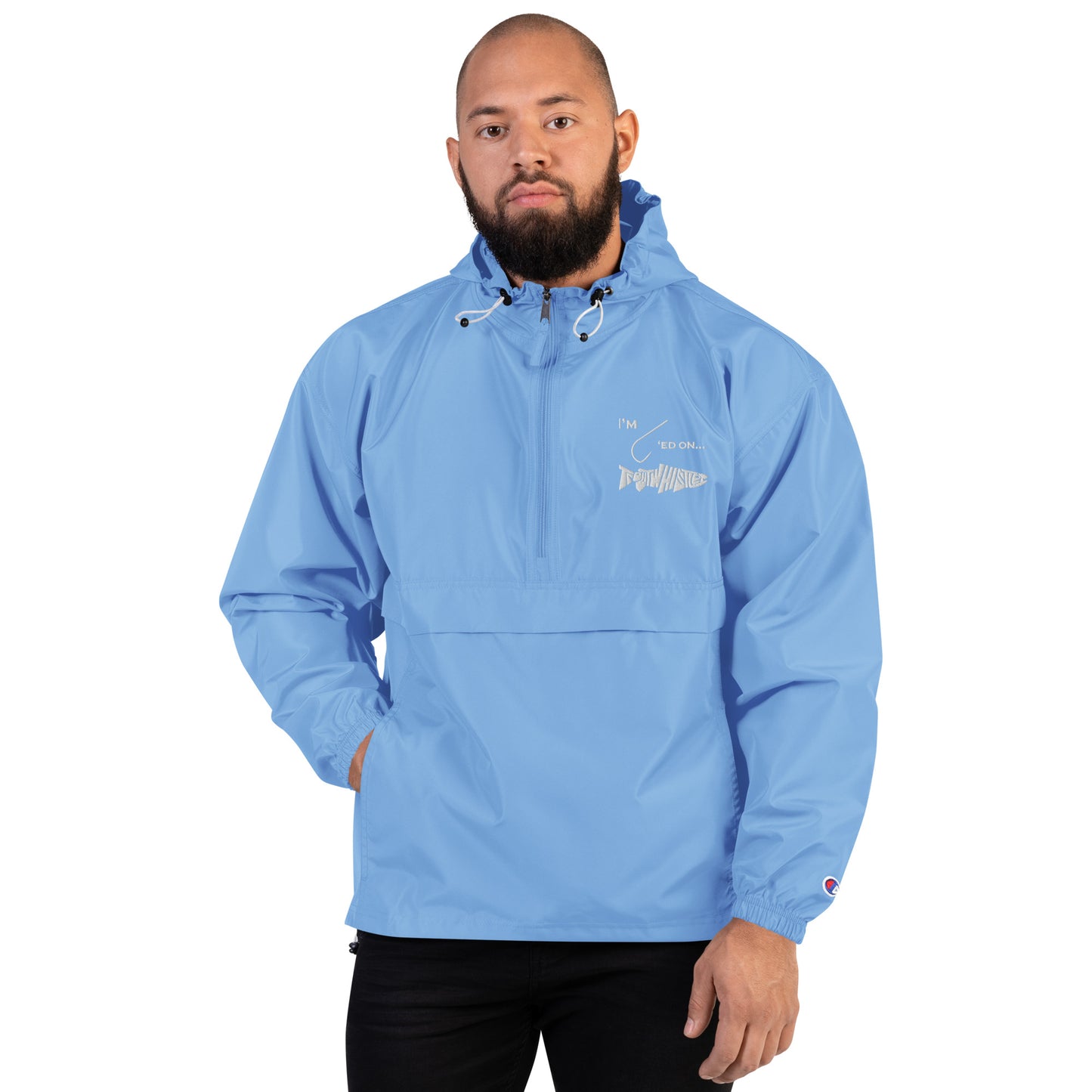 TroutWhistler - Embroidered Champion Packable Jacket | Color w/ White I'm Hooked on TroutWhistler Logo