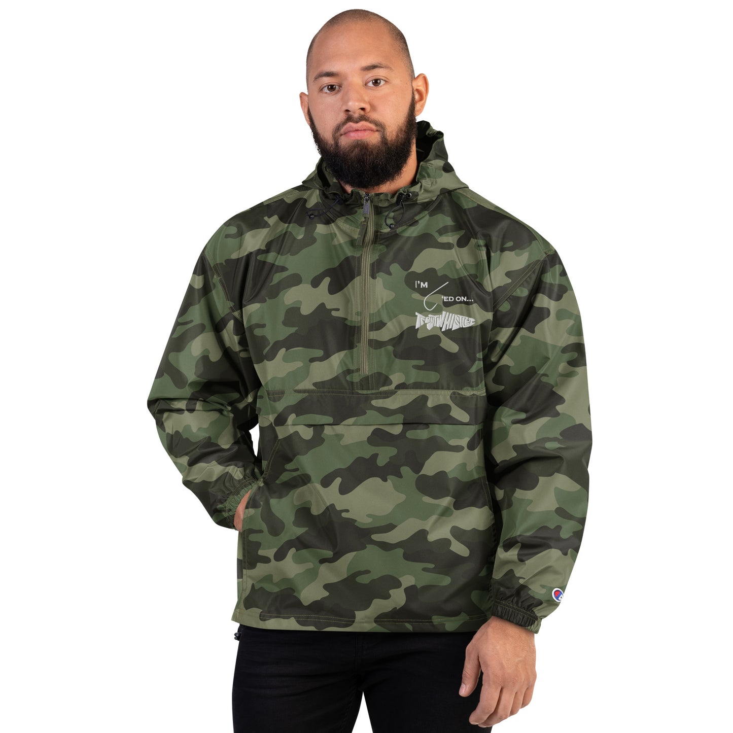 TroutWhistler - Embroidered Champion Packable Jacket | Color w/ White I'm Hooked on TroutWhistler Logo