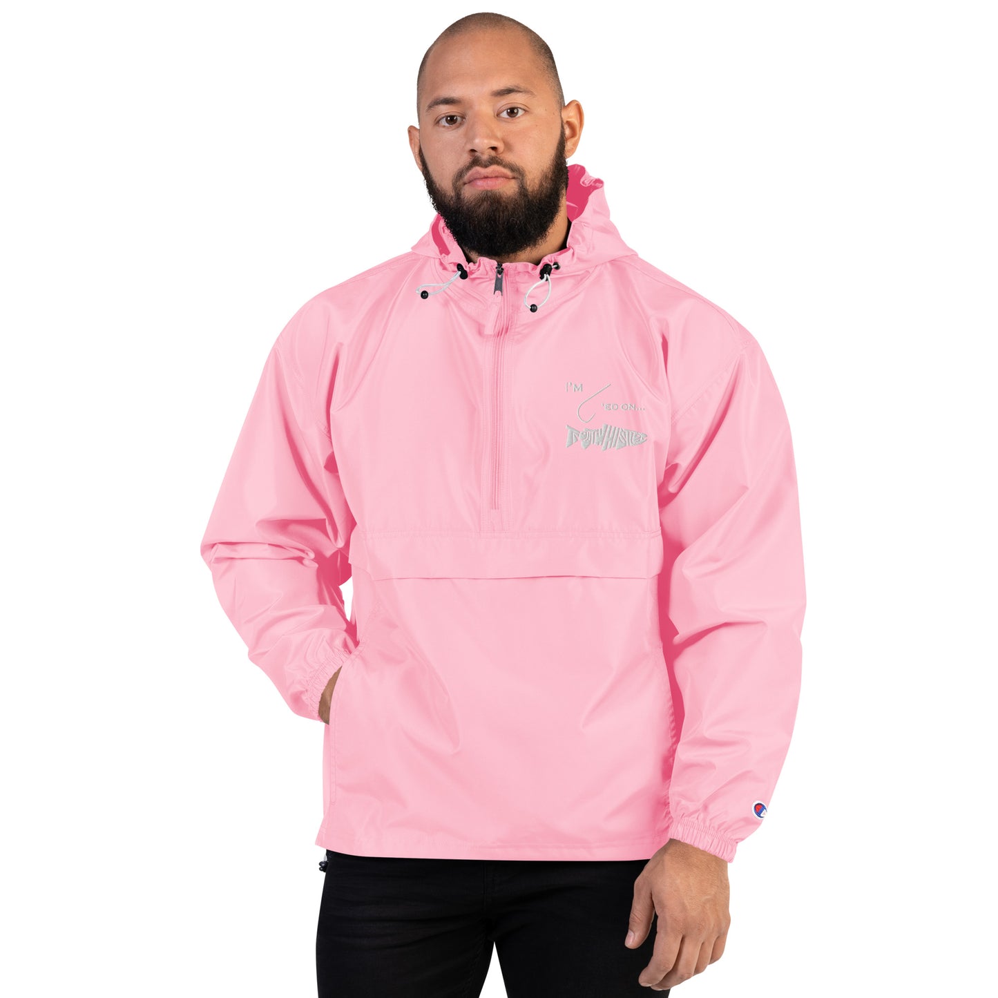 TroutWhistler - Embroidered Champion Packable Jacket | Color w/ White I'm Hooked on TroutWhistler Logo
