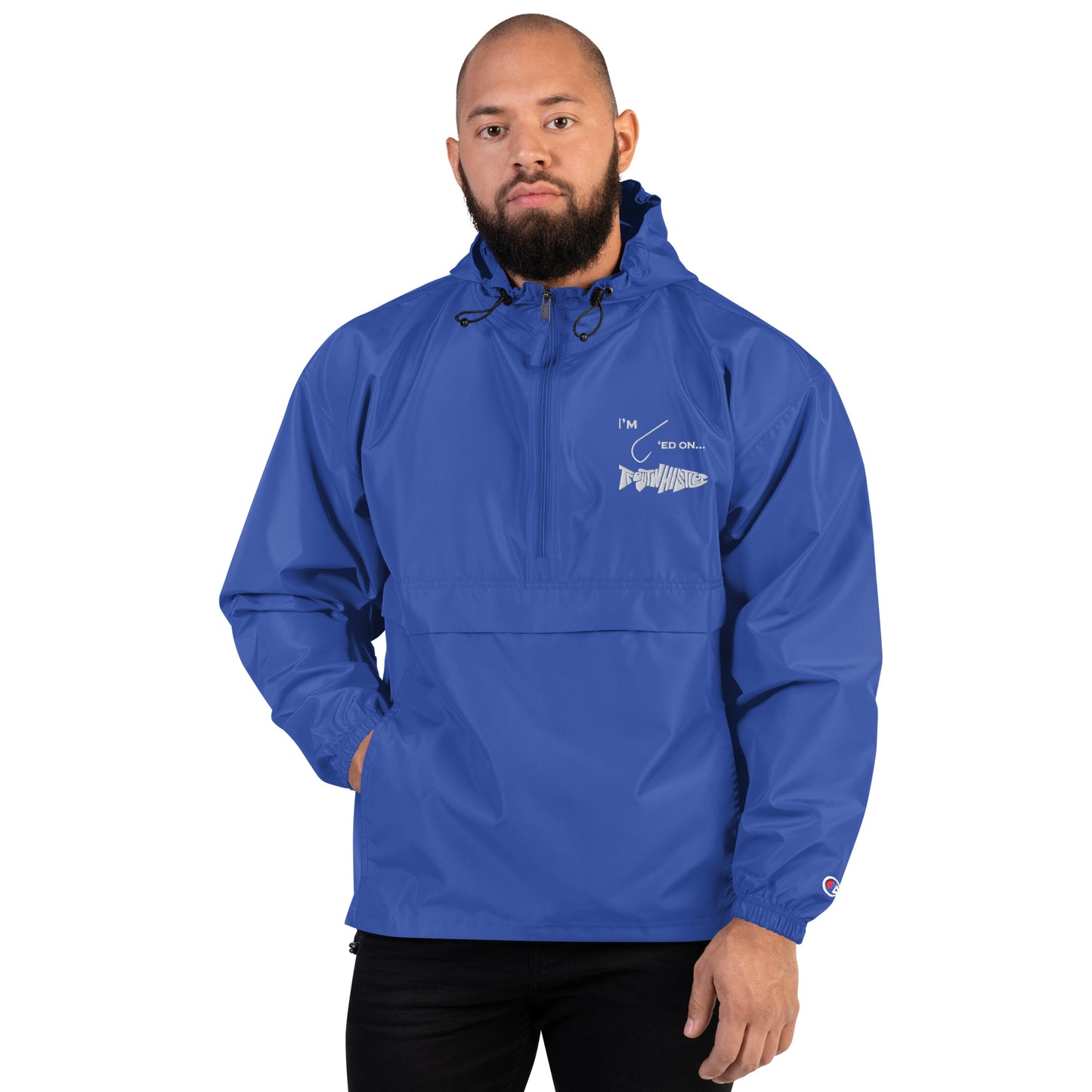 TroutWhistler - Embroidered Champion Packable Jacket | Color w/ White I'm Hooked on TroutWhistler Logo