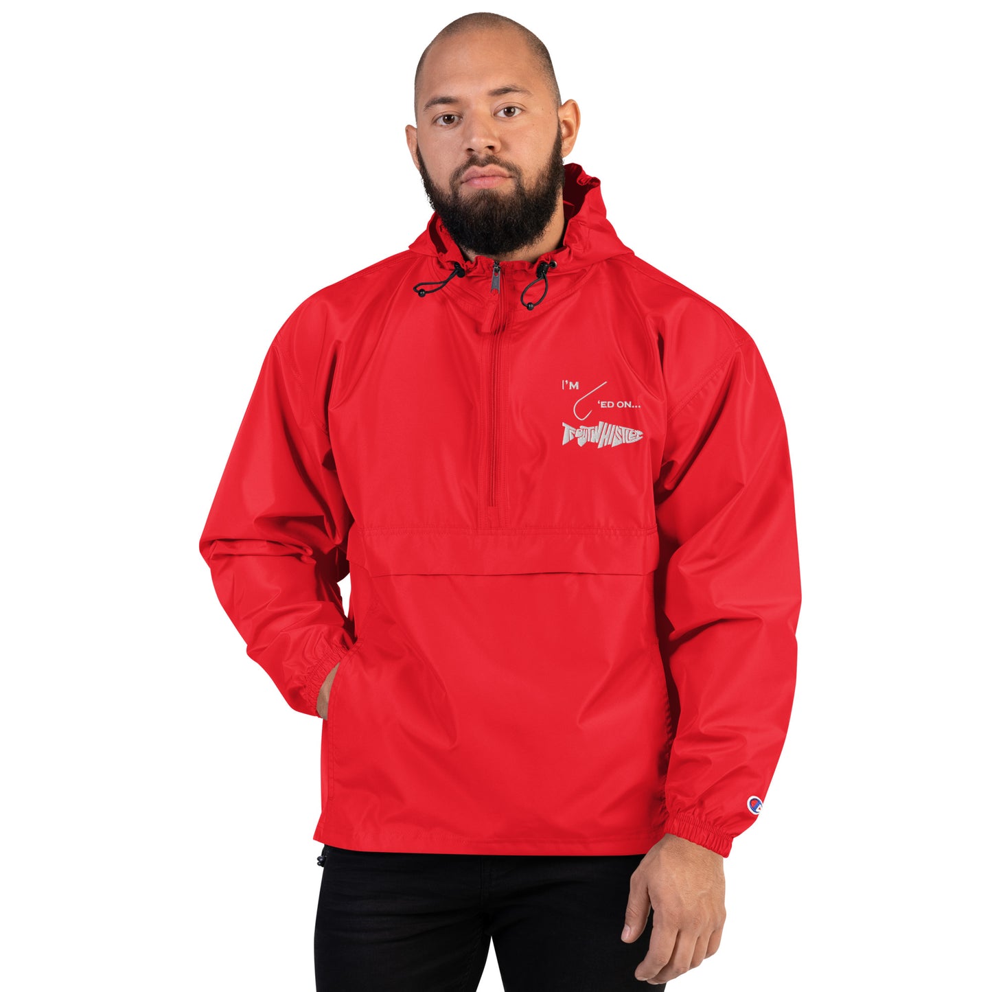 TroutWhistler - Embroidered Champion Packable Jacket | Color w/ White I'm Hooked on TroutWhistler Logo