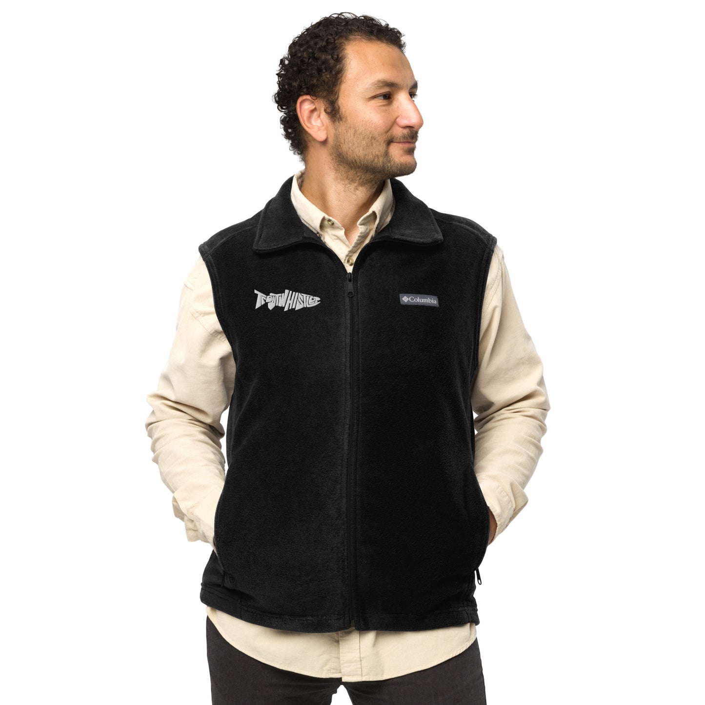 TroutWhistler - Men’s Columbia Fleece Vest | Dark w/ White Logo