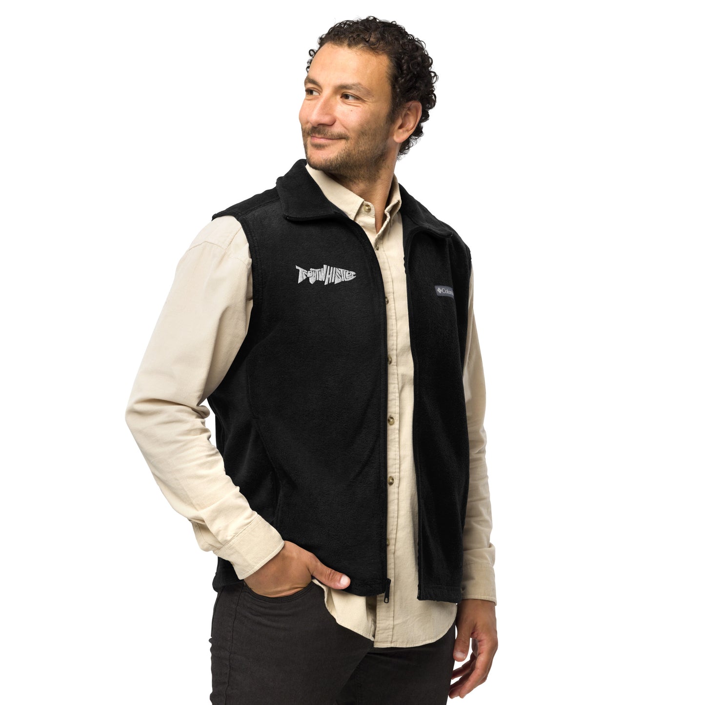 TroutWhistler - Men’s Columbia Fleece Vest | Dark w/ White Logo