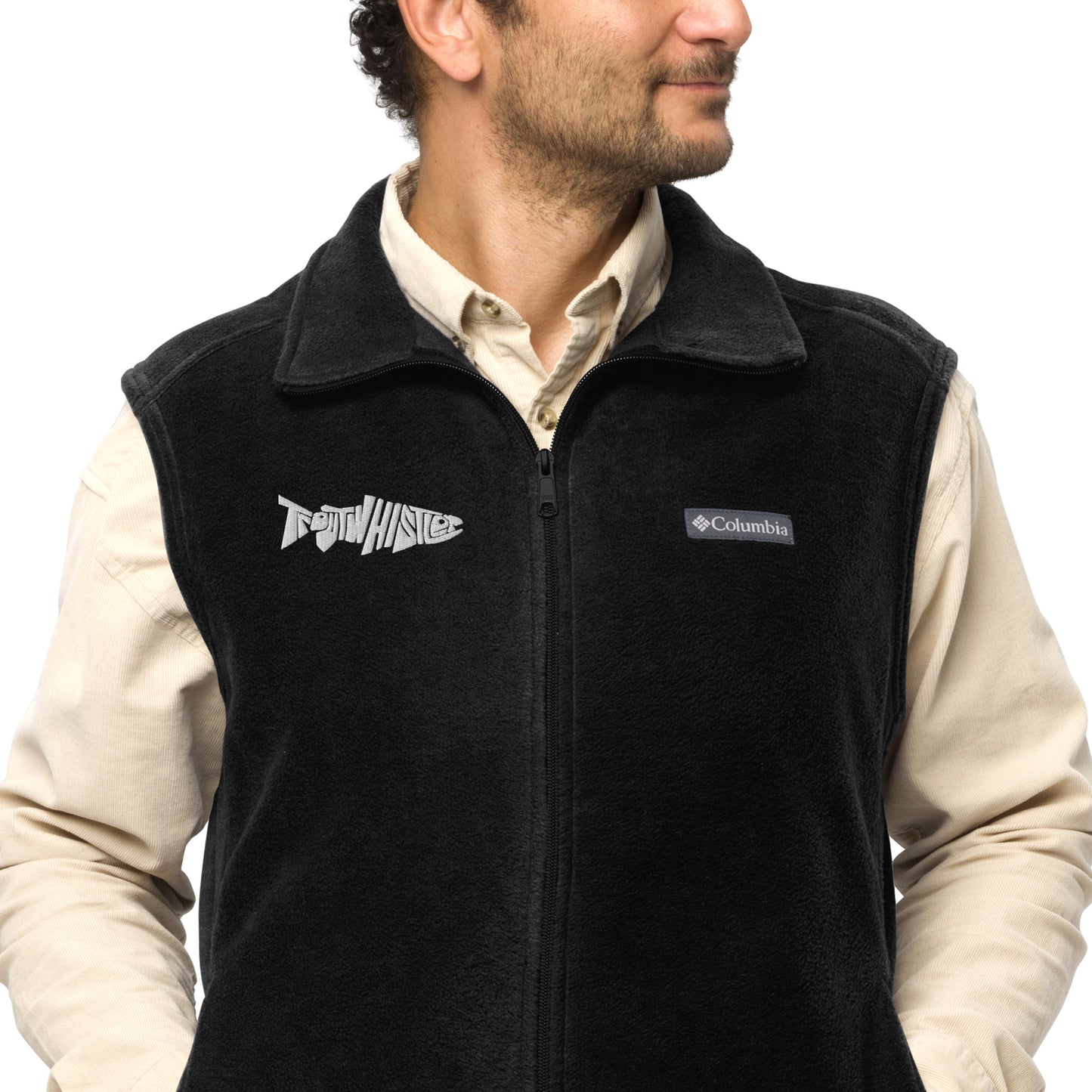 TroutWhistler - Men’s Columbia Fleece Vest | Dark w/ White Logo