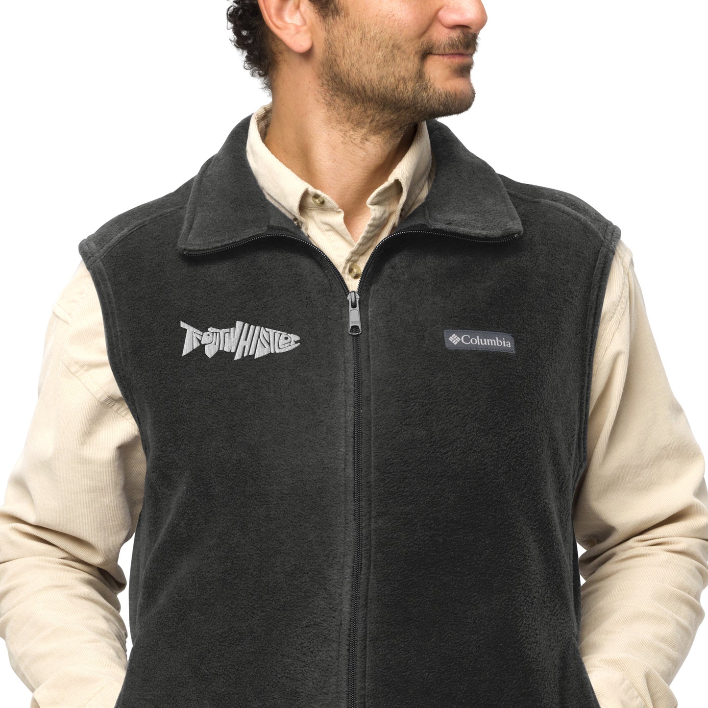TroutWhistler - Men’s Columbia Fleece Vest | Dark w/ White Logo