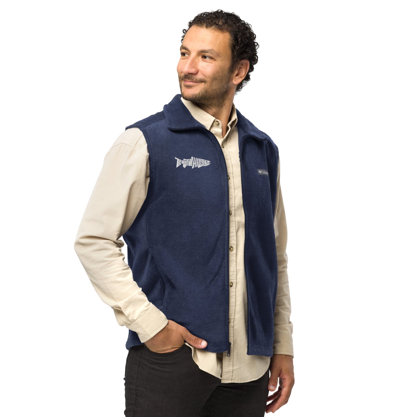 TroutWhistler - Men’s Columbia Fleece Vest | Dark w/ White Logo