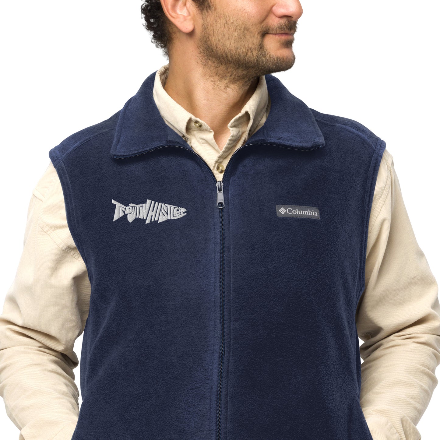 TroutWhistler - Men’s Columbia Fleece Vest | Dark w/ White Logo