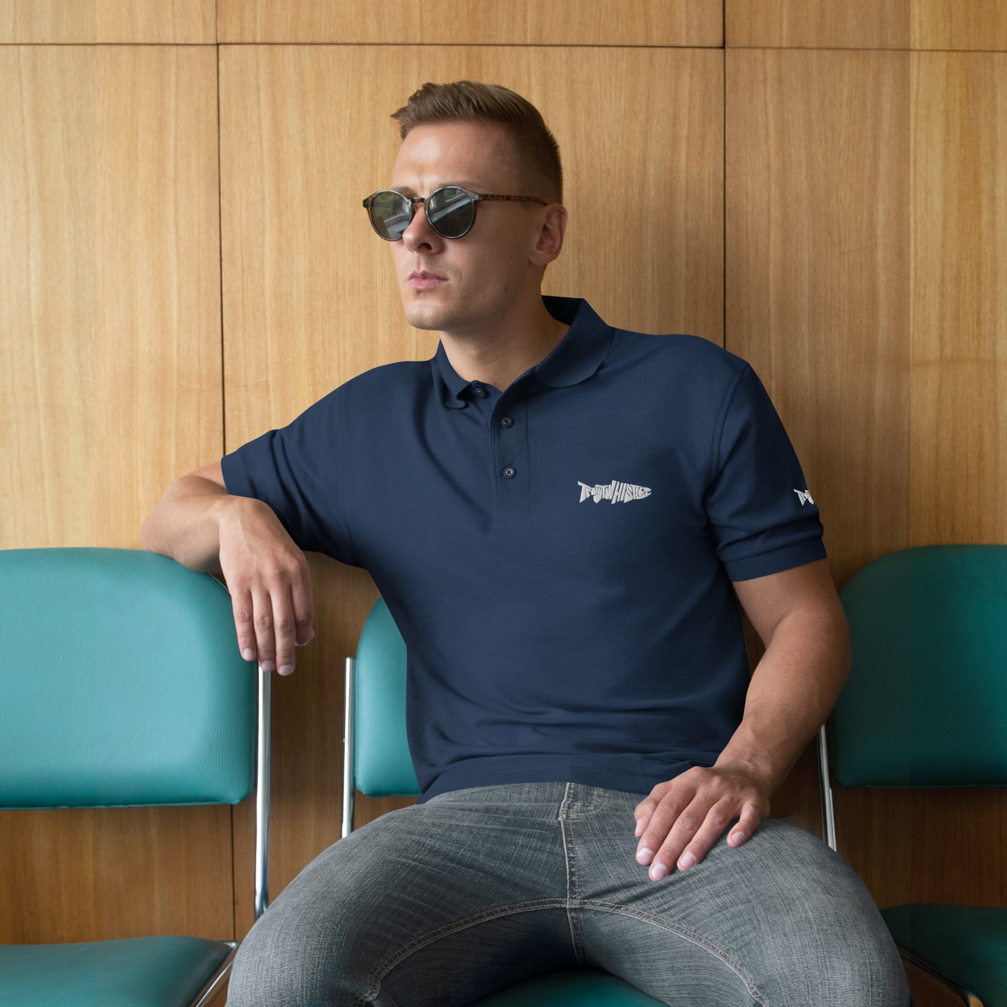 TroutWhistler - Men's Premium Polo | Black w/ White Logo