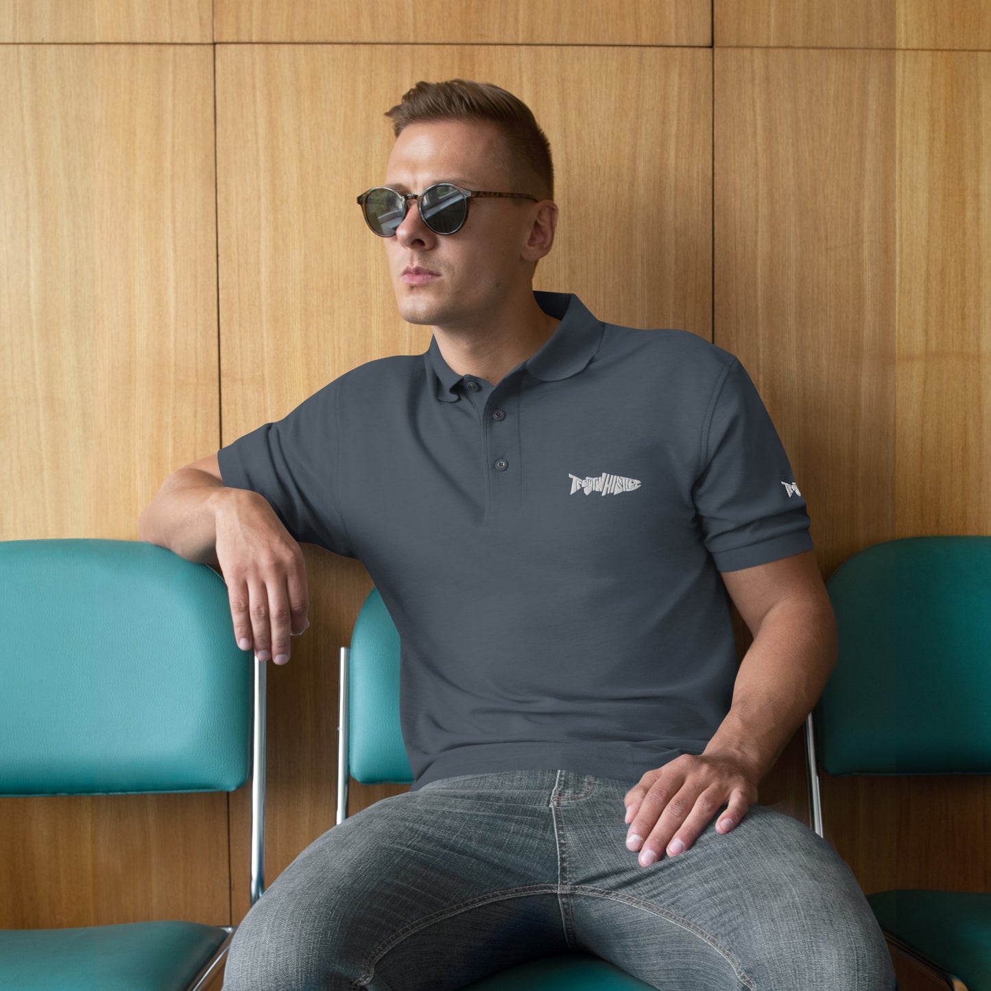 TroutWhistler - Men's Premium Polo | Black w/ White Logo