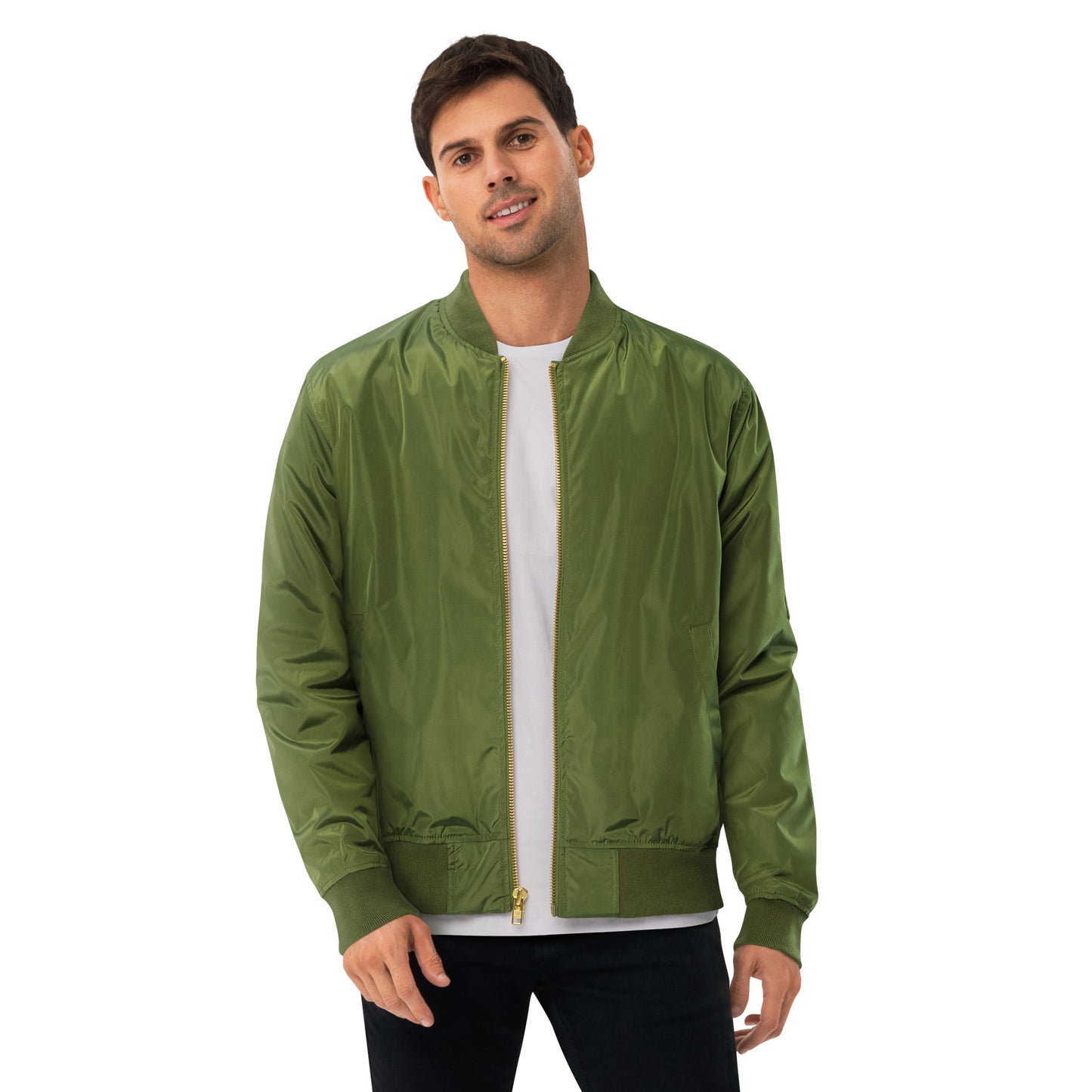 TroutWhistler - Premium Recycled Bomber Jacket | Dark w/ White I'm Hooked on TroutWhistler Logo