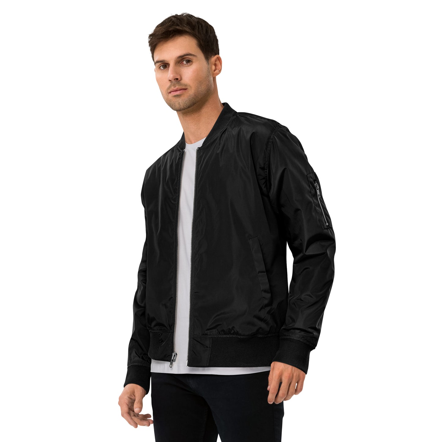 TroutWhistler - Premium Recycled Bomber Jacket | Dark w/ White I'm Hooked on TroutWhistler Logo