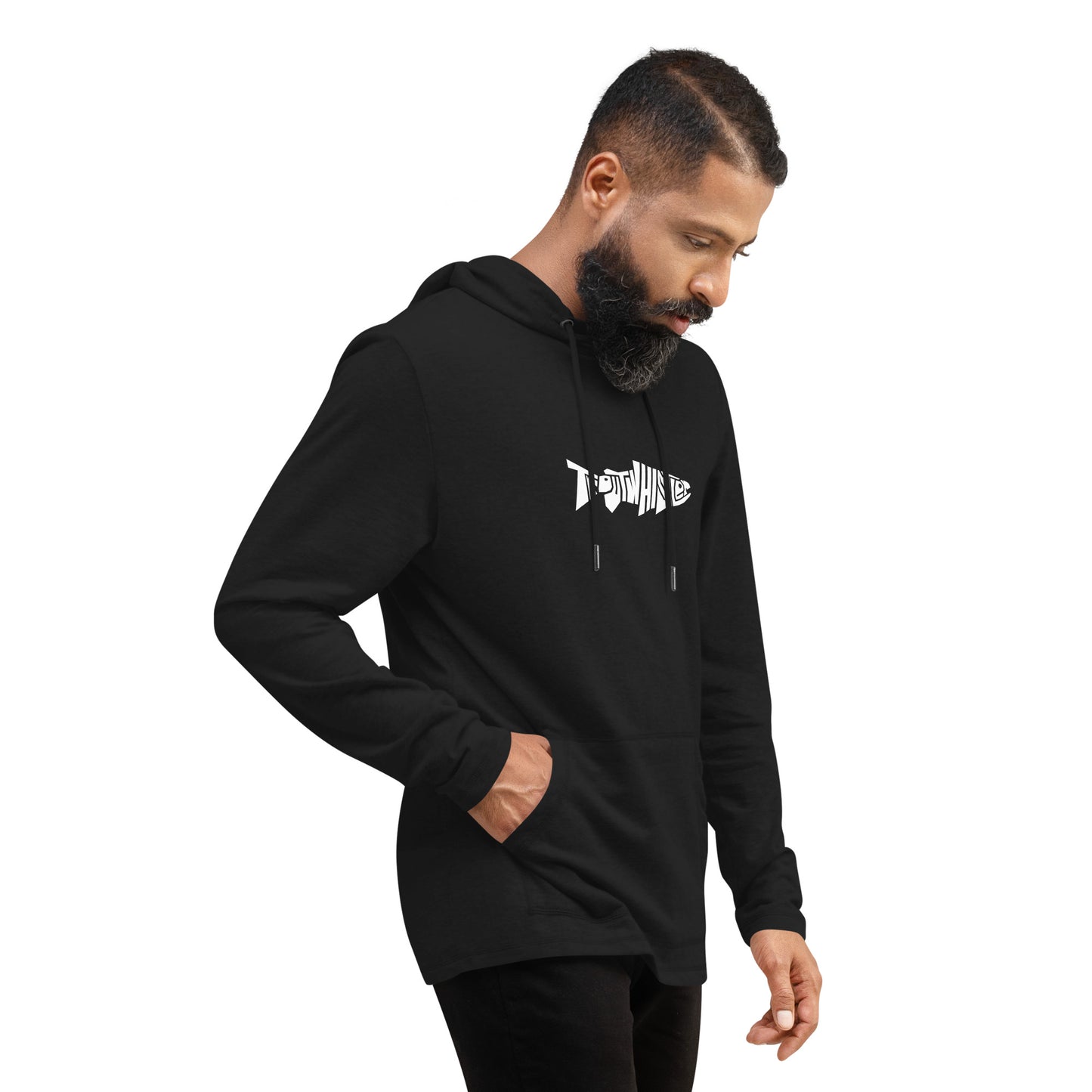 TroutWhistler - Men's Lightweight Hoodie | Black w/ White Logo