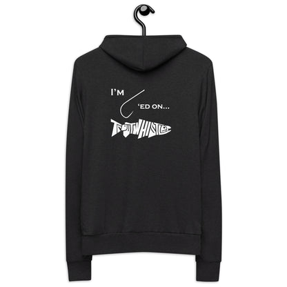 TroutWhistler - Men's Hoodie Zip Hoodie | I'm Hooked On TroutWhistler - Grey w/ White Logos
