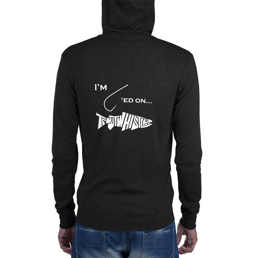 TroutWhistler - Men's Hoodie Zip Hoodie | I'm Hooked On TroutWhistler - Grey w/ White Logos