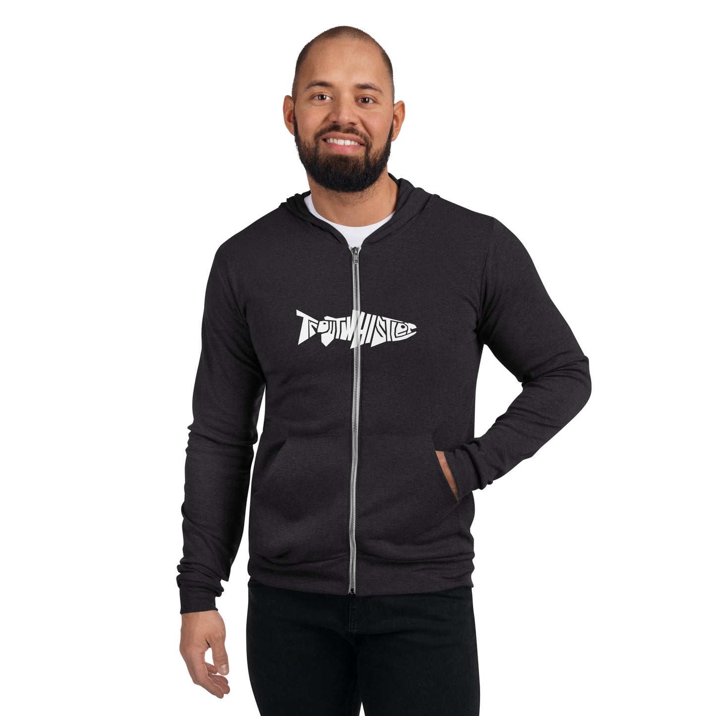 TroutWhistler - Men's Hoodie Zip Hoodie | I'm Hooked On TroutWhistler - Grey w/ White Logos